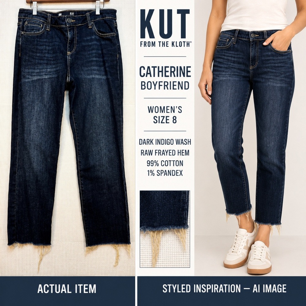 KUT from the Kloth Catherine Boyfriend Jeans Dark Wash Raw Hem Size 8 Boho Chic